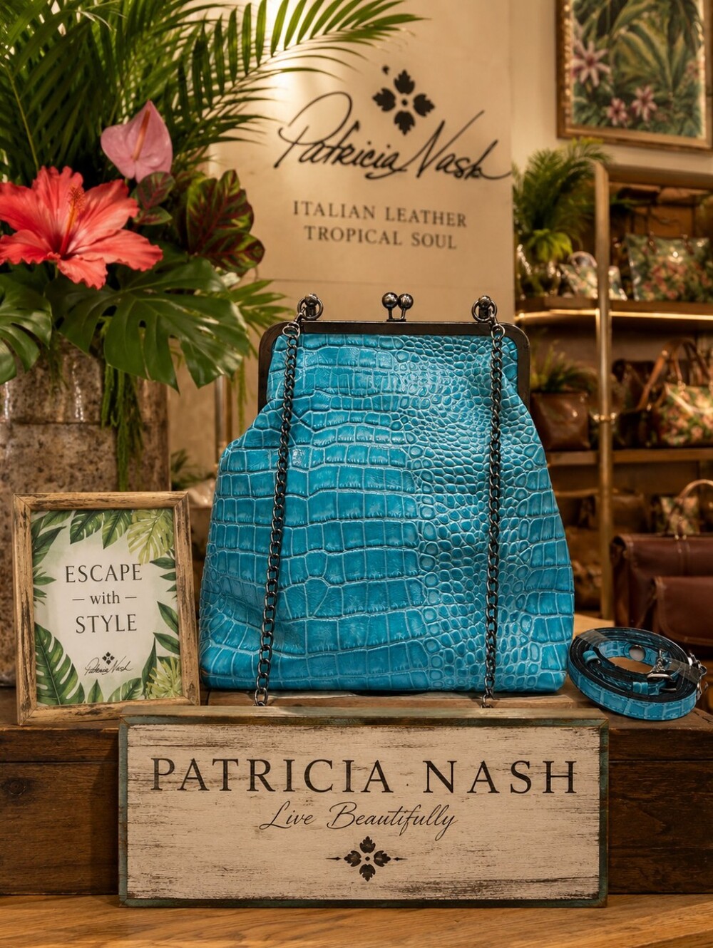 Patricia Nash Teal Croc-Embossed Kisslock Satchel